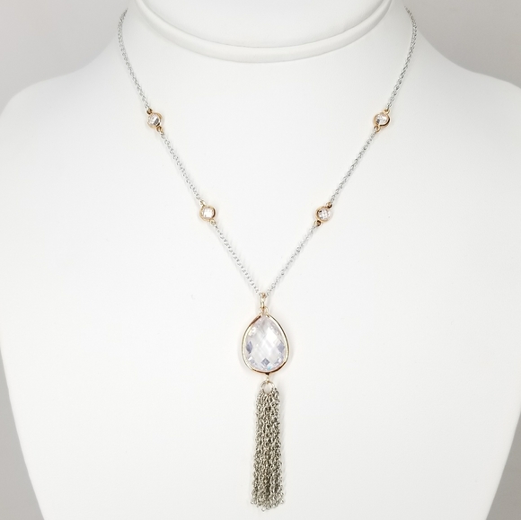 Two Tones Pear CZ by the yard Tassel Necklace - Picture 2 of 8